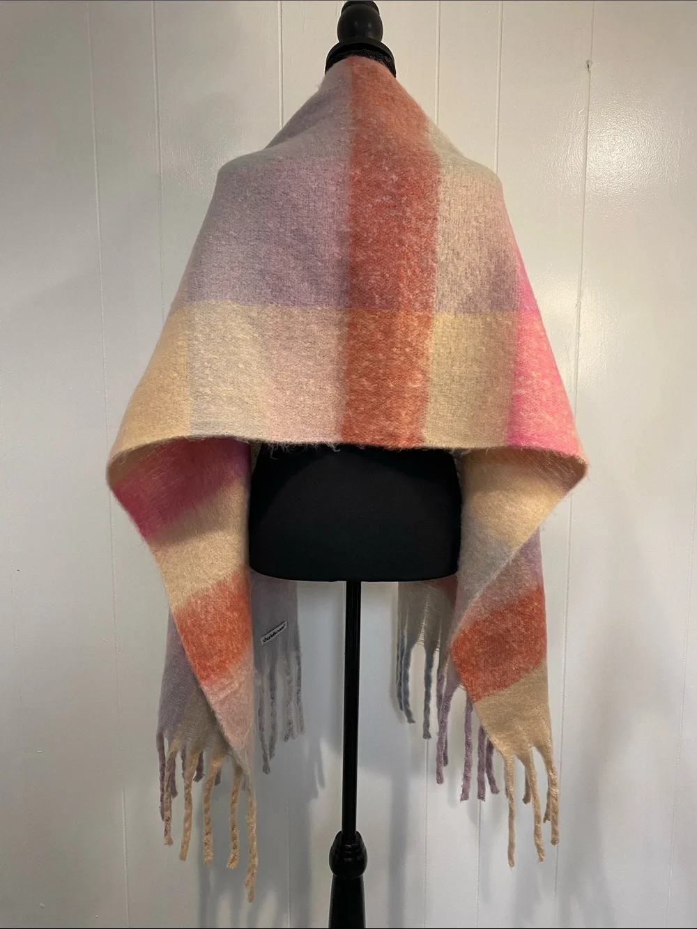 Oversized Pastel Plaid Blanket Scarf Fuzzy Fringe Wrap Shawl Pink Gray Cozy